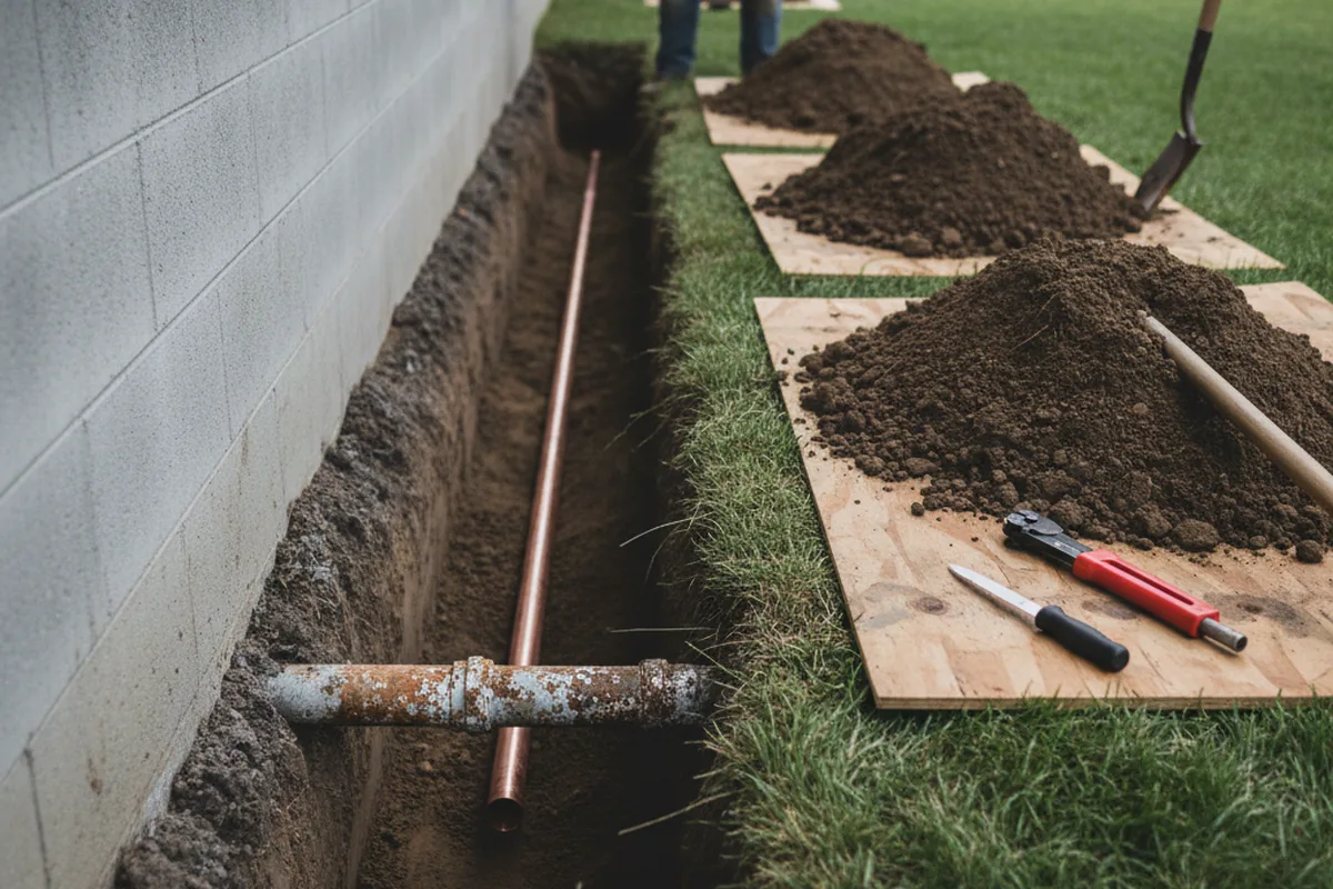 Excavated water line trench during Water Heater Repair in Bassett